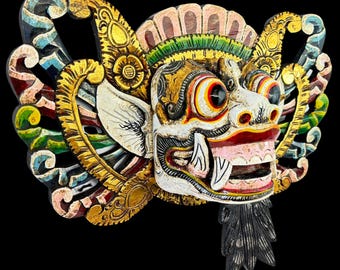 Hand Carved Balinese Barong Mask: Polychrome Wood Wall Decor