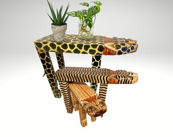 Carved Tiger Cat Plant Stand: Black Beige, Leopard Spots, Balinese Folk Art Wooden Stool