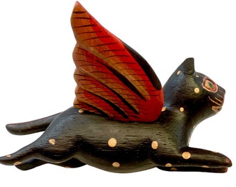 Winged BLACK CAT MOBILE Flying Spirit chaser handmade wood Bali Folk Art 6"