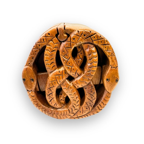 Celtic Knot Snake Puzzle Box: Hand Carved Wood Secret Stash Box