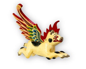 Balinese Flying Pig Mobile, Hand Carved Wood Spiritchaser, Bali Folk art