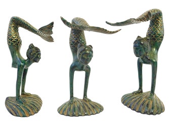 Art Nouveau Bronze Yoga Mermaid Statue: Lost Wax Cast Metal Sculpture,  Green Verdigris Patina