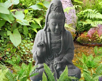 Guanyin Kwan Yin Bodhisattva Garden Statue Hand Cast lava stone Bali Art 16"