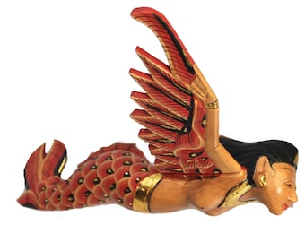 Bali Winged Flying Mermaid Mobile Spiritchaser Carved wood Balinese art 15"