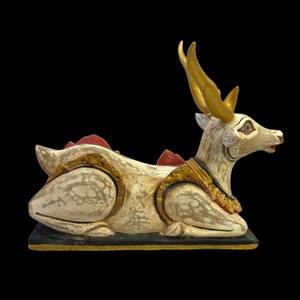 Balinese Vintage Deer Rusa Statue Temple Guardian Polychrome Sculpture hand carved wood Carving Bali Folk art statue Indonesian