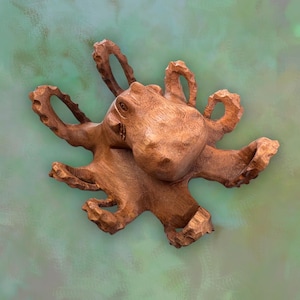 Octopus Cellapod Kraken Sculpture Hand Carved Wood Carving Statue Balinese Art Sea life Nautical Cottage decor