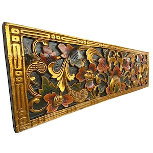 Balinese Lotus Bud Panel architectural Relief Wood Carving Bali wall Art teal 39"