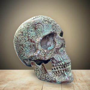 Gothic Skull Human Skull Replica Statue | Handcrafted Bronze Sculpture with Verdigris Finish | Gothic Decor, Oddities,  Unique Home Decor