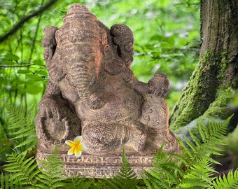 Reclining Ganesha Garden Statue: Cast Lava Stone Yard Sculpture, Balinese Art