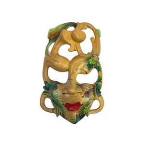 Balinese Mask - Hand Painted Butterfly Faerie Goddess Wood Carving for Wall Decor, Abstract Bali Art, Unique Home Decor