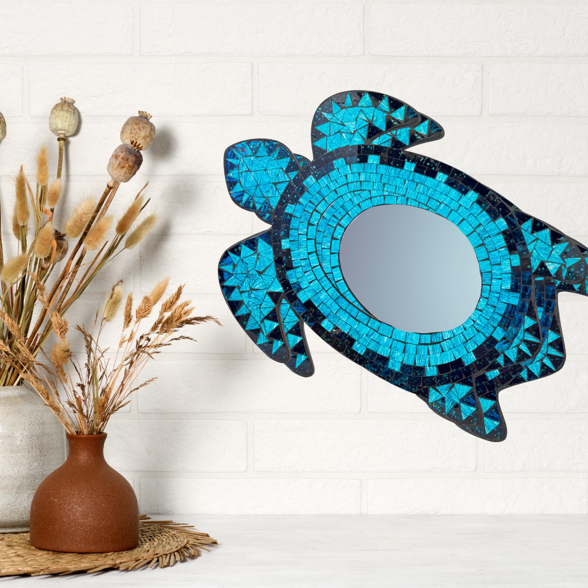 Mosaic Sea Turtle Wall Mirror: Hand-painted Glass, Nautical Decor