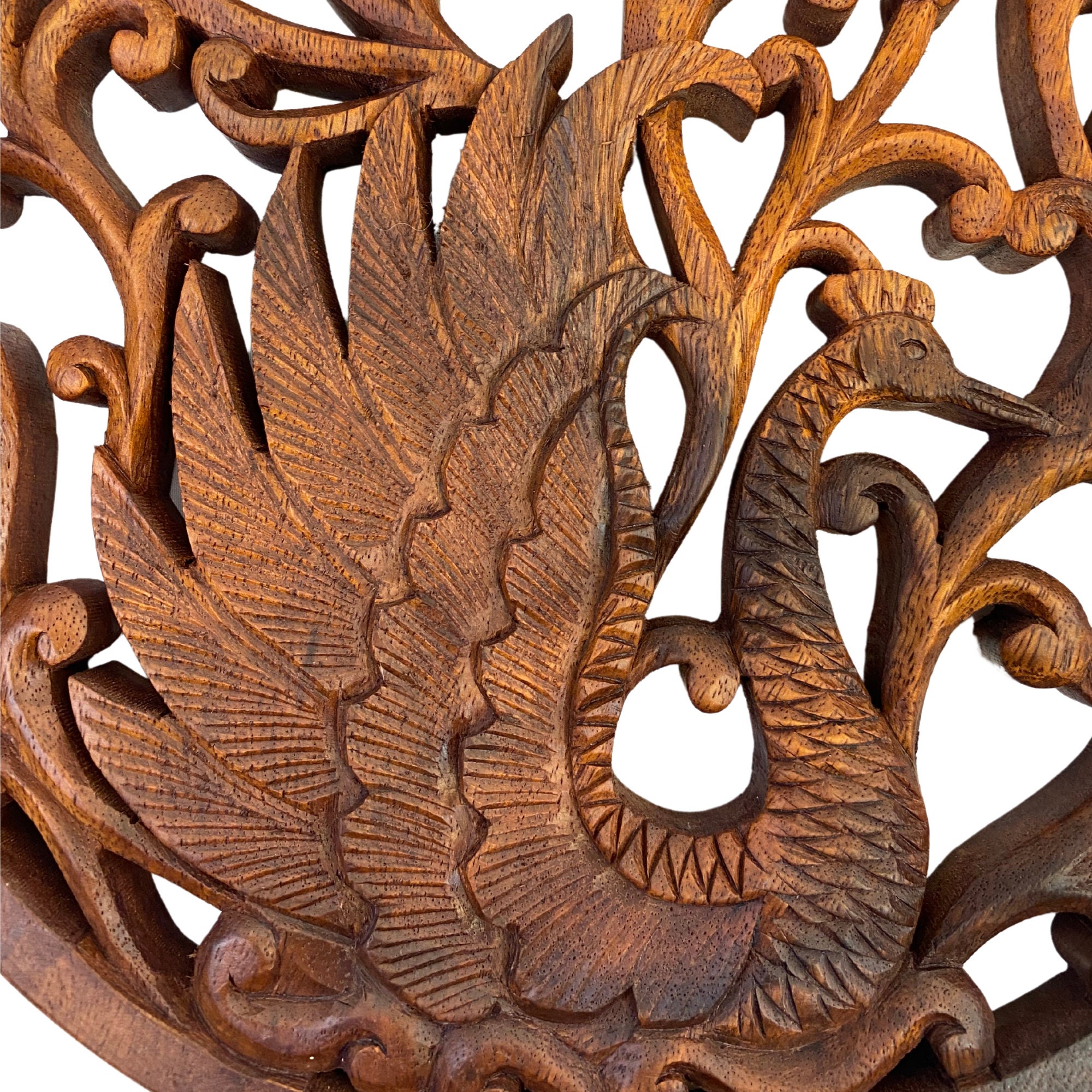 Hand Carved Wood Peacock Relief Panel: Balinese Round Wall Art Plaque ...