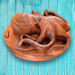Hand Carved Octopus Puzzle Box: Suar Wood Nautical Stash Box