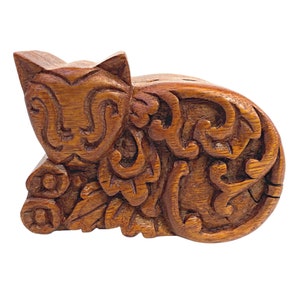 Cat Puzzle Box Trinket Stash - Cheshire Cat Trippy Hand Carved Wood Jewelry Gift Box for Unique Storage & Decor