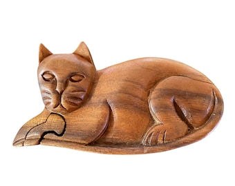 猫の小物入れ 木製パズル スライド式蓋 手作りジュエリーボックス