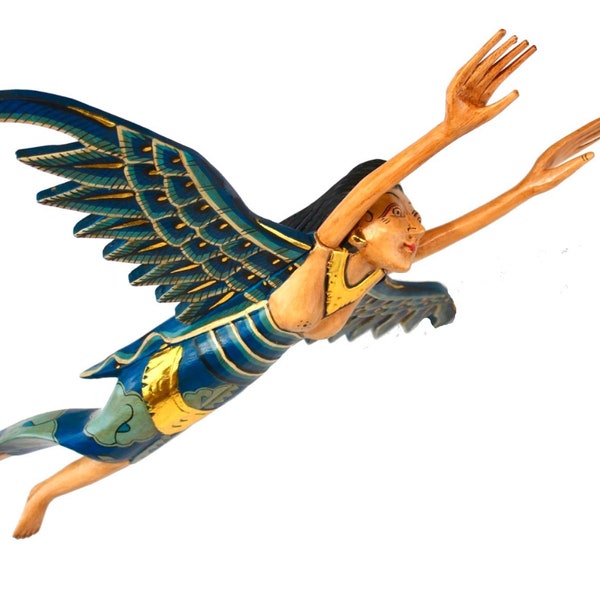 Flying Winged Dewi Sri Rice Goddess Mobile Spiritchaser Carved Wood Bali art Teal