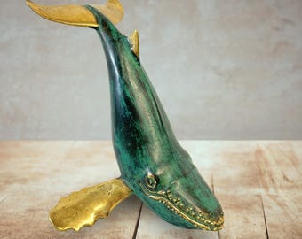 Verdigris Bronze Humpback Whale Statue: Nautical Tabletop Decor