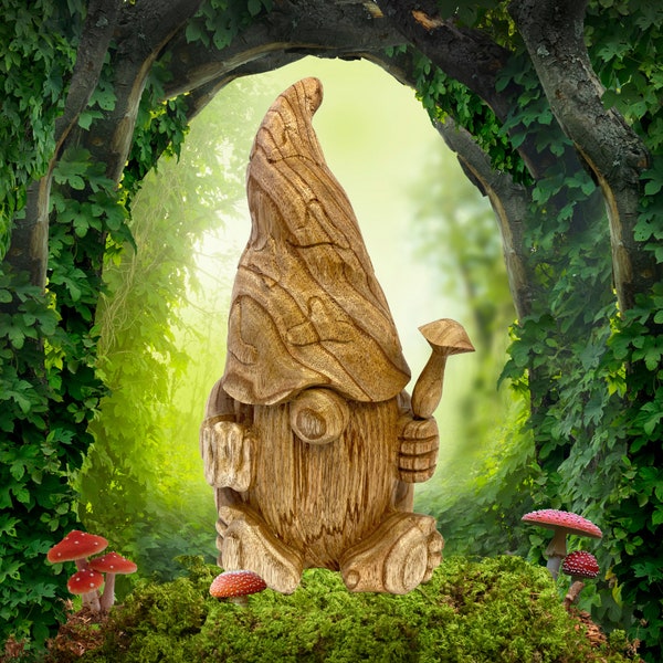 Gnome Wizard Forest Spirit Mushroom Wood Carving Statue Sculpture rustic Hand Carved Solid Wood cottagecore