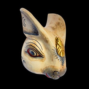 Balinese White Rabbit Mask: Hand Carved Wood Bali Folk Art Wall Sculpture