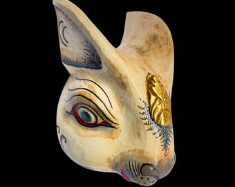 Balinese White Rabbit Mask: Hand Carved Wood Bali Folk Art Wall Sculpture