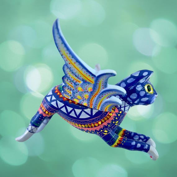 Hand Carved Winged Flying Cat Spirit Chaser Mobile: Balinese Folk