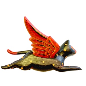 Winged Flying Black Cat Mobile spiritchaser Balinese carved wood Bali Art 10"