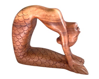 Yoga Mermaid Statue Figurine Ustrasana Pose Hand Made Carved Wood Balinese Art