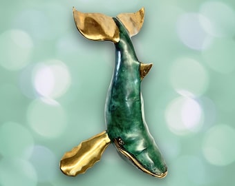 Verdigris Bronze Metal Humpback Whale Statue: Marine life sculpture Nautical Tabletop Decor