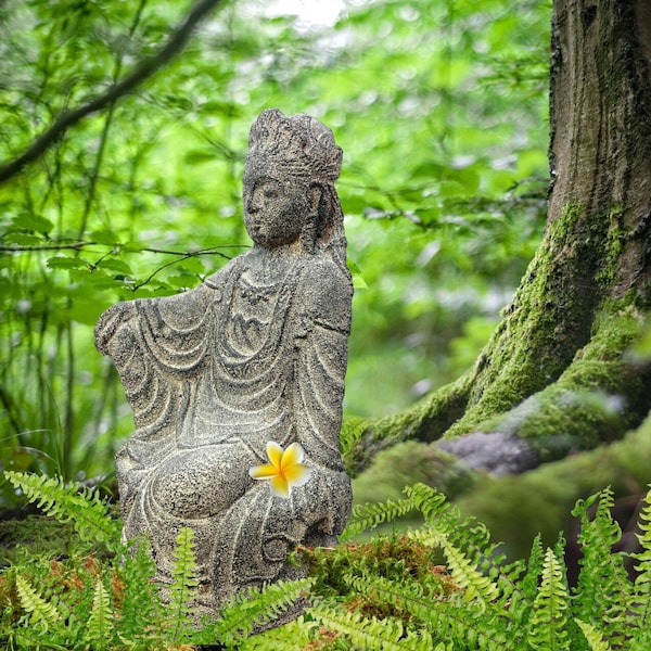 Guanyin Goddess Of Compassion Garden Statue, Hand Cast Lava Stone, Buddhist Art