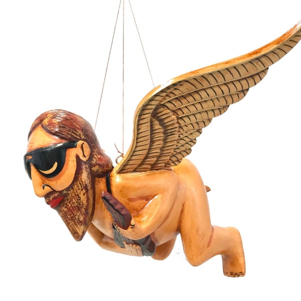 Balinese Flying Jerry Garcia Angel Mobile Cradle Guardian Spiritchaser Hand Carved wood Carving Bali Folk art