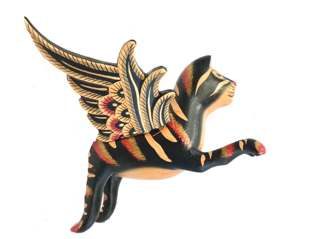 Balinese Flying Black Calico Cat Spiritchaser Mobile: Hand Carved Wood ...