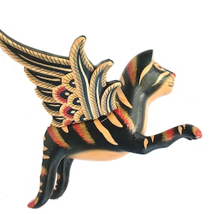 Winged Cat BLACK Striped Calico Cat MOBILE Spiritchaser demon chaser hand  Carved wood Balinse Folk art wood carving