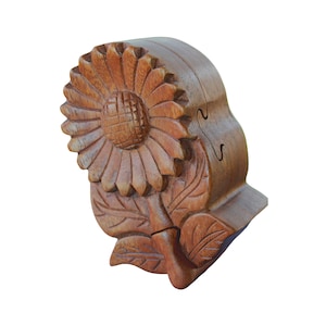 Tournesol Daisy Flower Secret Puzzle Box Boîte cadeau bijoux Bibelot Stash Box Bois sculpté à la main Art Marguerite Bali fait main