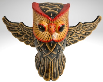 Balinese Horned Owl Spiritchaser Mobile: Hand Carved Wood Demon Chaser, Bali Folk Art