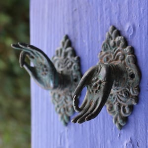 Buddha Hands Abhaya Mudra bronze wall Hook knob- Verdigris Finish, Unique Home Decor Handle for Cabinets & Doors