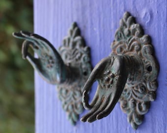 Buddha Hands Abhaya Mudra bronze wall Hook knob- Verdigris Finish, Unique Home Decor Handle for Cabinets & Doors
