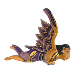 Flying Winged Dewi Sri Goddess Mobile Spiritchaser Crib Angel Carved Wood Balinese folk art Purple 8&quot;