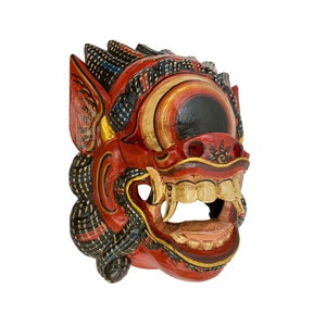 Balinese Mata Besek Mask Cyclops One Eyed Monster Rakshasa Demon Bali Folk Art Hand carved wood Carving Red Wall art