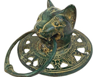 Cat Feline Door Knocker handle knob Cabinet Pull lost wax Cast Verdigris Green Bronze Metal Bali Art