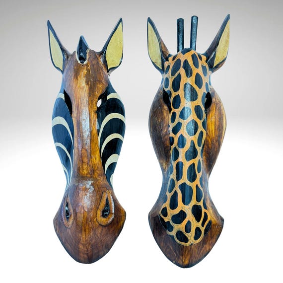 Hand Carved Zebra and Giraffe Mask: Painted Albesia Wood Wall Art