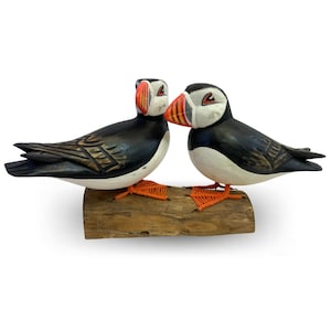 Twin Atlantic Puffin Birds Sculpture Hand carved & Painted Bird Wood Statue Sea bird wildlife carving Clown of the sea shore bird