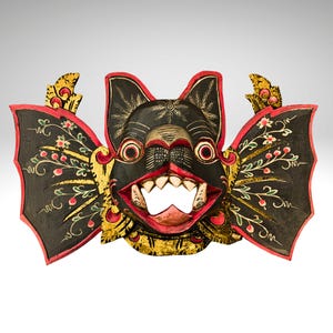 Balinese Winged Bat Mask Hand-Carved Bali Folk Art Wood Carving | Gothic Wall Decor