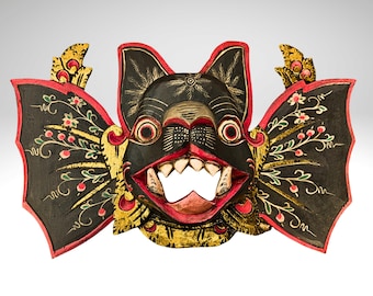 Balinese Winged Bat Mask Hand-Carved Bali Folk Art Wood Carving | Gothic Wall Decor