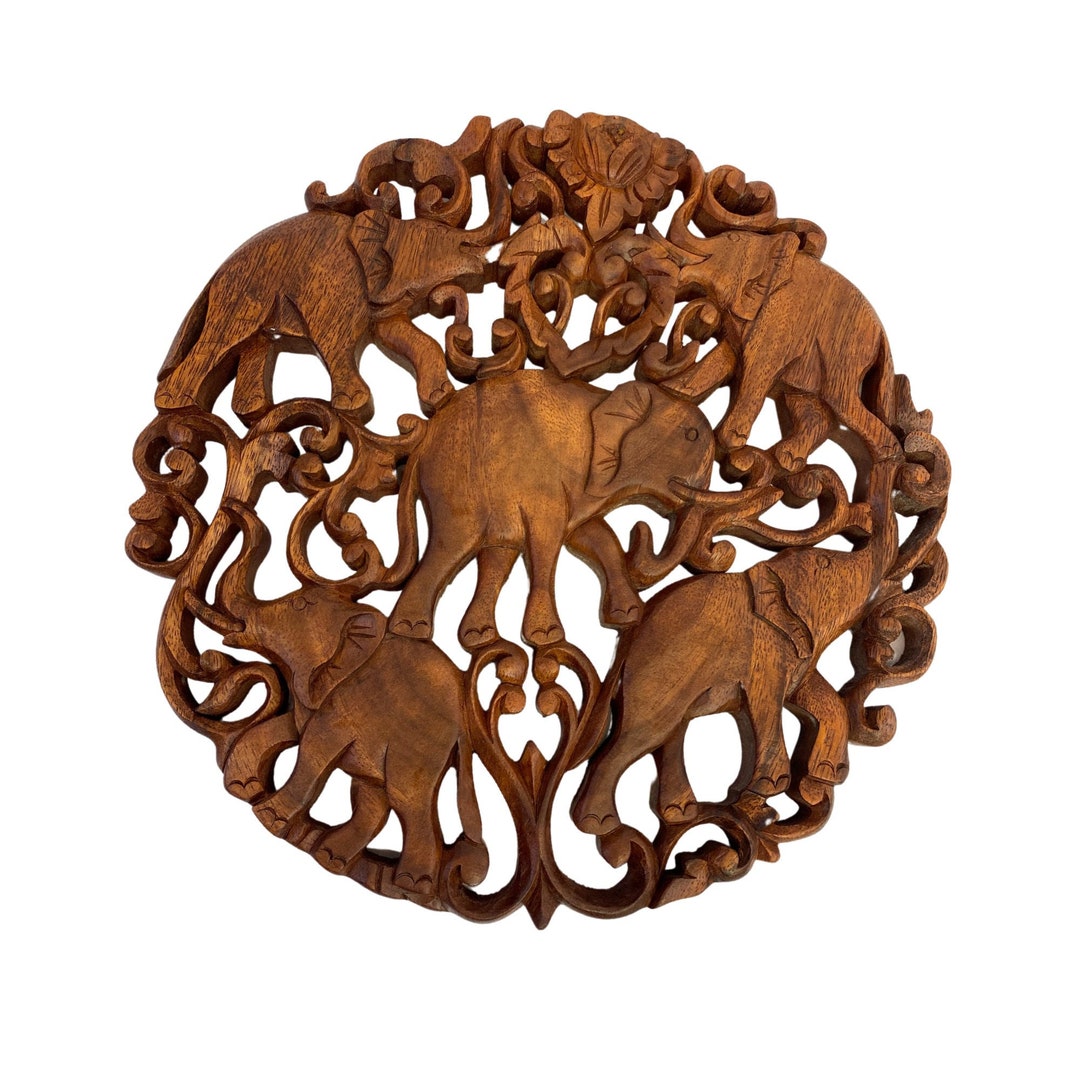 Elephant Family Panel Hand Carved Wood Relief Wall Art Round Plaque ...