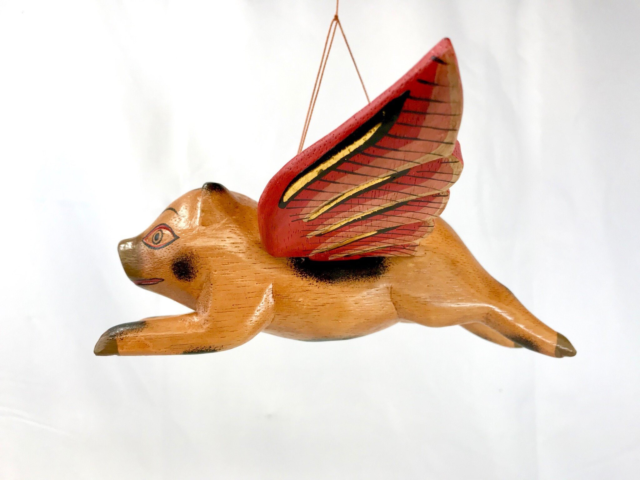 Balinese FLYING Pig Mobile Winged Demon chaser Handmade carved wood Bali Art 