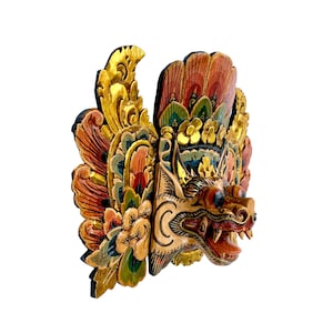 Balinese Barong Singa Lion Mask Protector Guardian Hand Polychrome Carved wood Carving Bali Folk Art Wall Decor Mask