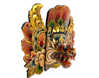 Balinese Barong Mask | Singa Lion Guardian Bali Folk Art Mask | Hand Carved Polychrome wood Wall Decor