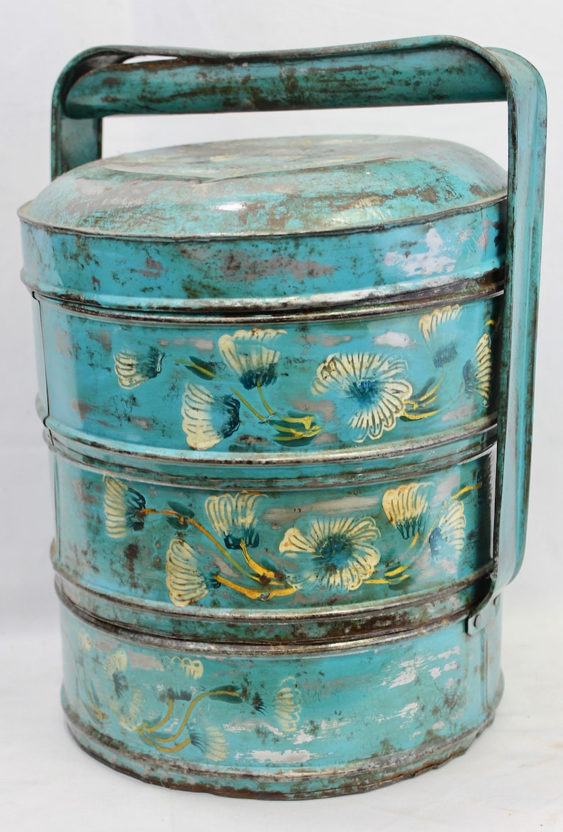 Vintage Tiffin Lunch box lunchbox metal Blue hand painted 3 tiers Indonesian picnic set