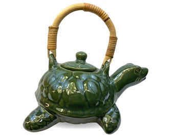 Teapot Sea Turtle Terrapin Ceramic Pottery Stoneware Celadon Green handmade Bali Art Tea Ceremony Eclectic Boho Decor