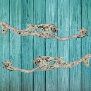 Balinese Swimming Mermaid Star Wall art whitewash Hand carved wood Bali Nautical Beach Cottage Decor